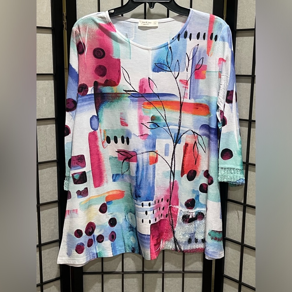 JESS & JANE POETRY PRINT Colorful Abstract DESIGN TUNIC TOP WOMEN SIZE S